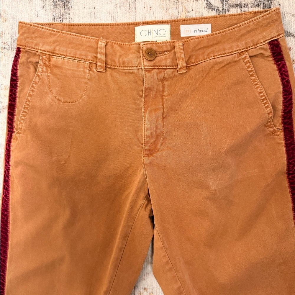 Anthropologie Chino khakis with maroon velvet stripe size 27